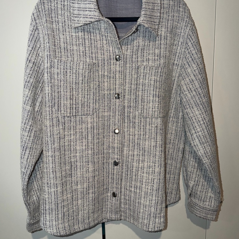 Textured Button-Up Jacket in Blue and Cream